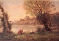 Corot, Jean-Baptiste-Camille - Ville-D'avray - Paysanne Et Son Enfant Entre Deux Arbres Au Bord De L'etang